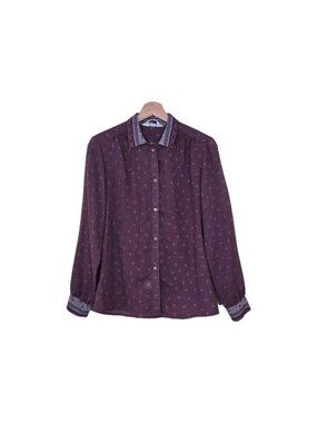 Vtg Highland Queen Top US 12 Plum Micro Paisley Floral Contrast Wool Blend Boho